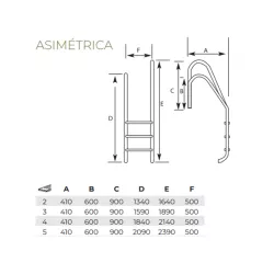 Asymmetrical pool ladder Standard 2 steps salt swimming pool